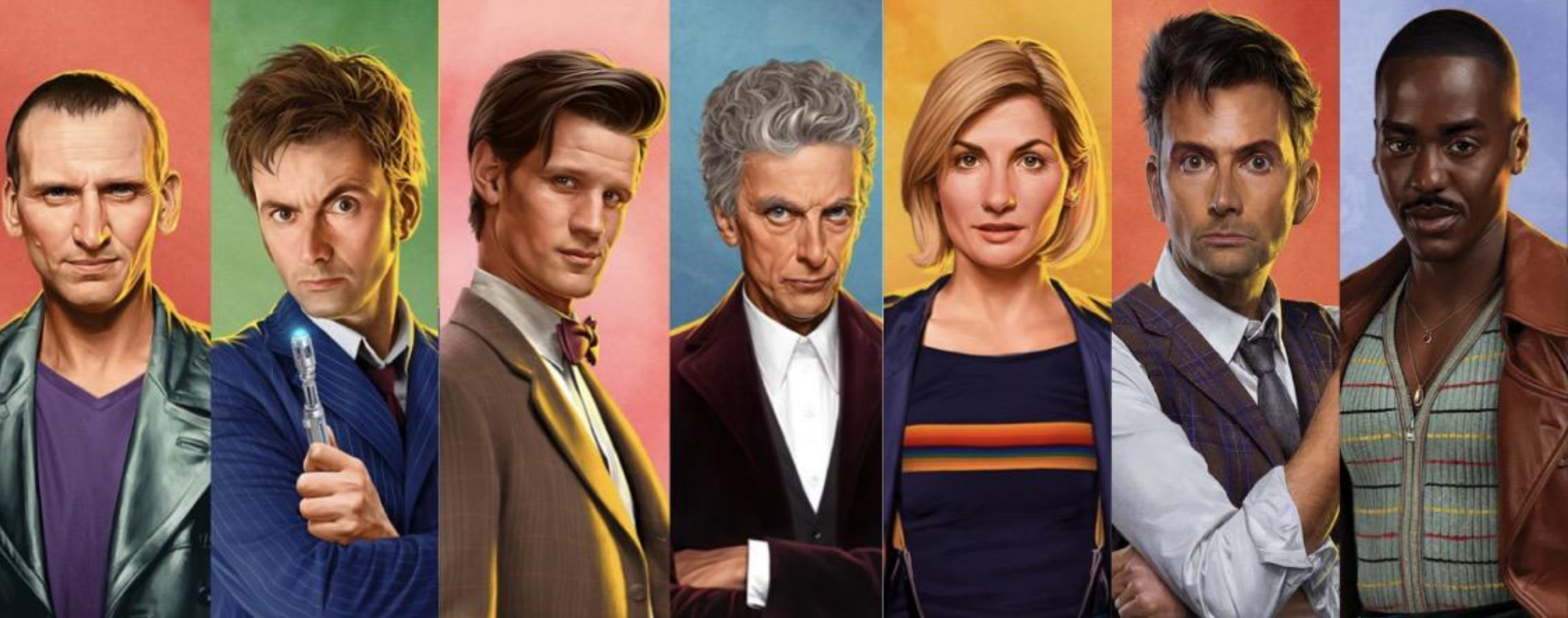 horizontal image of all 2005 reboot doctors